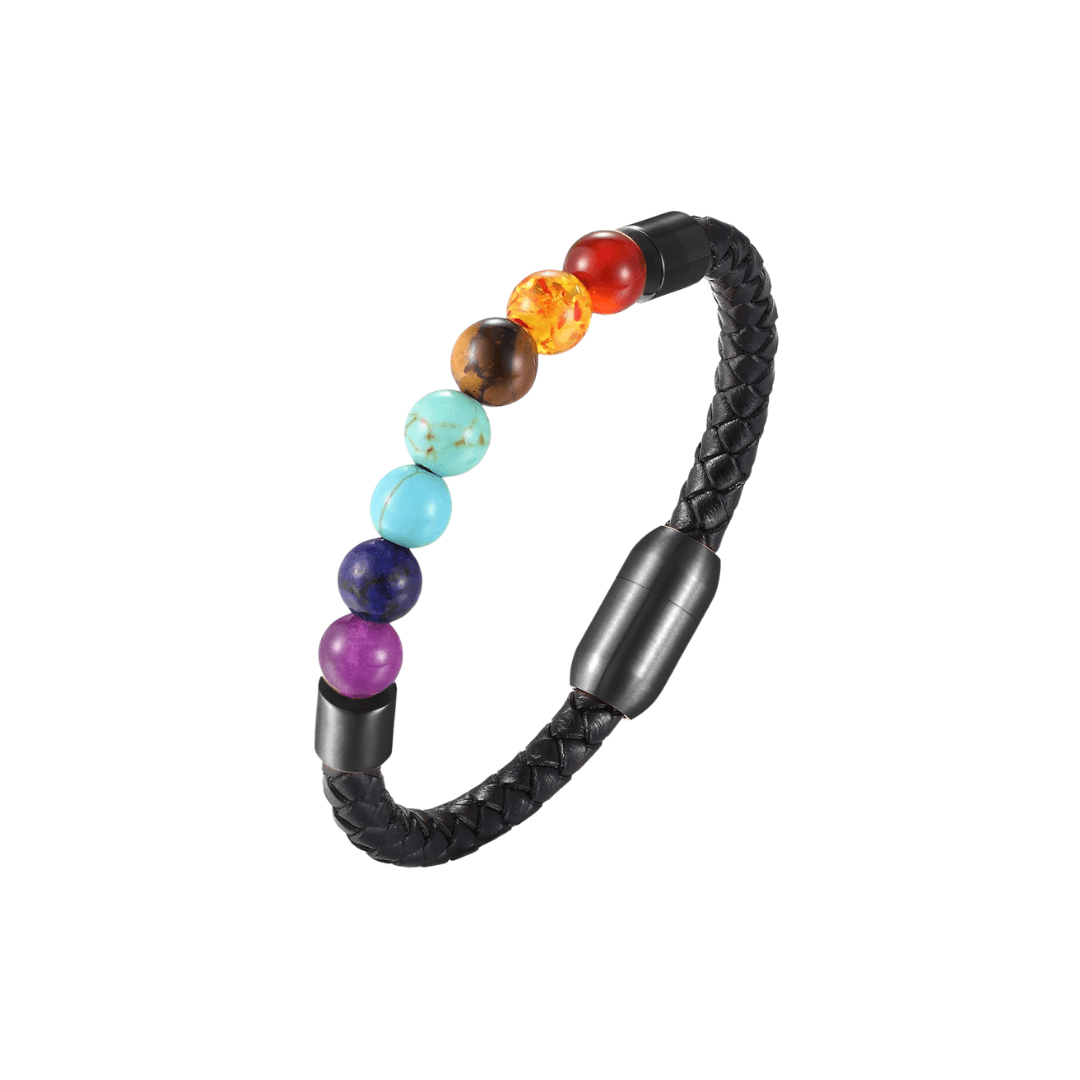 Bracelet Cuir Tressé Noir avec Perles Colorées