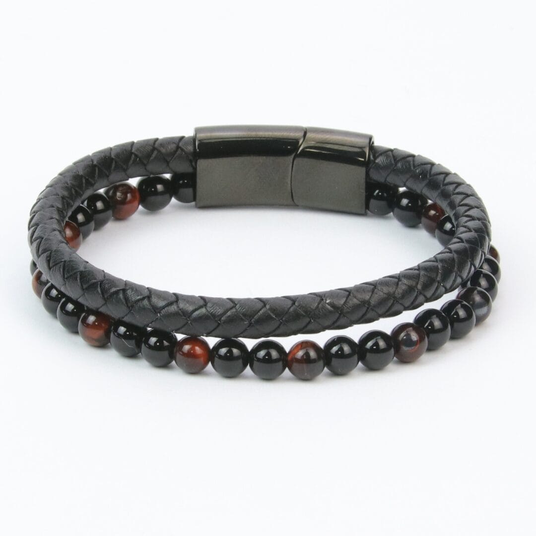 Bracelet Homme Double Rang Cuir & Perles Œil de Tigre