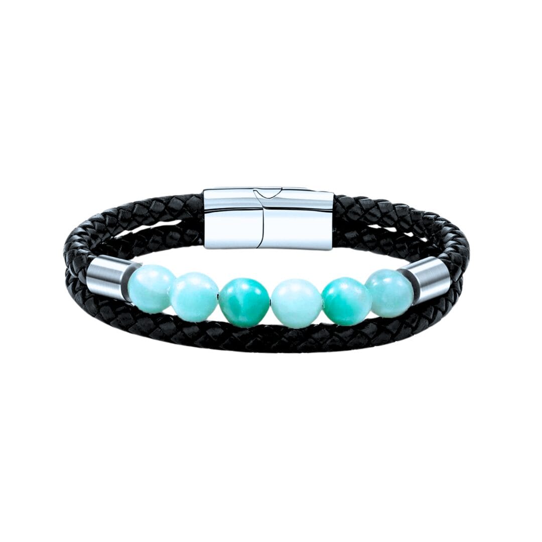 Bracelet Cuir Noir double avec Perles Bleu Ciel