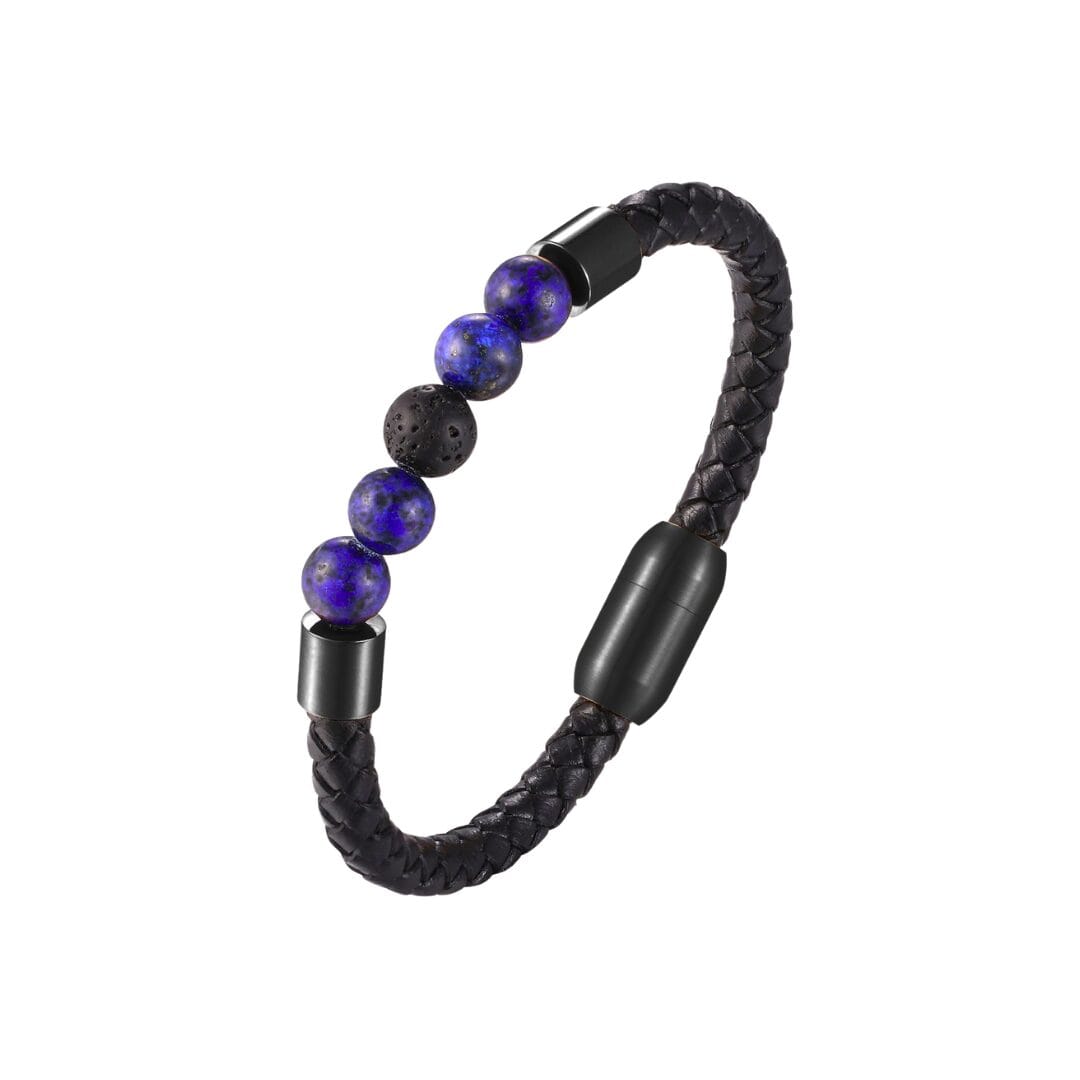 Bracelet Cuir Tressé Noir & Perles Lapis Lazuli et Pierre de Lave
