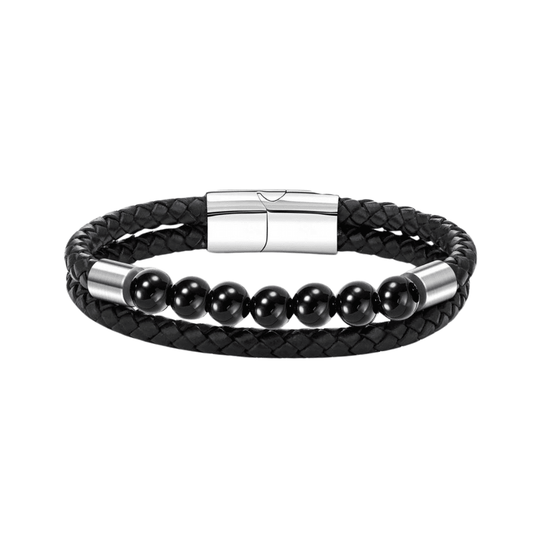 Bracelet Rafahyati Cuir Véritable & Perles Noires en Onyx